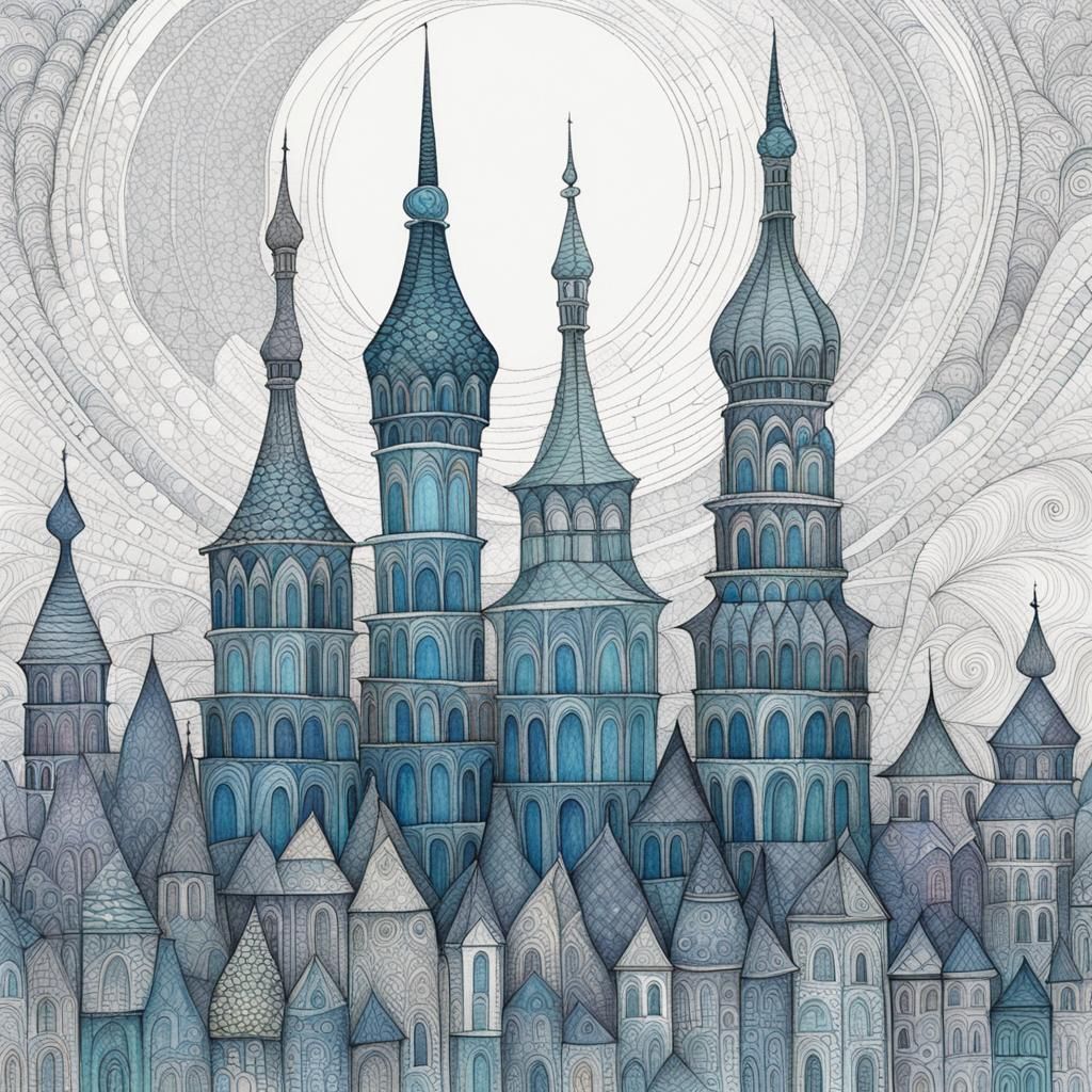 Colorful Towers in Zentangle Style of Ciurlionis