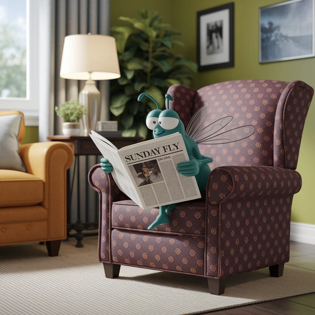 Serious Fly Reads Sunday Newspaper in Armchair