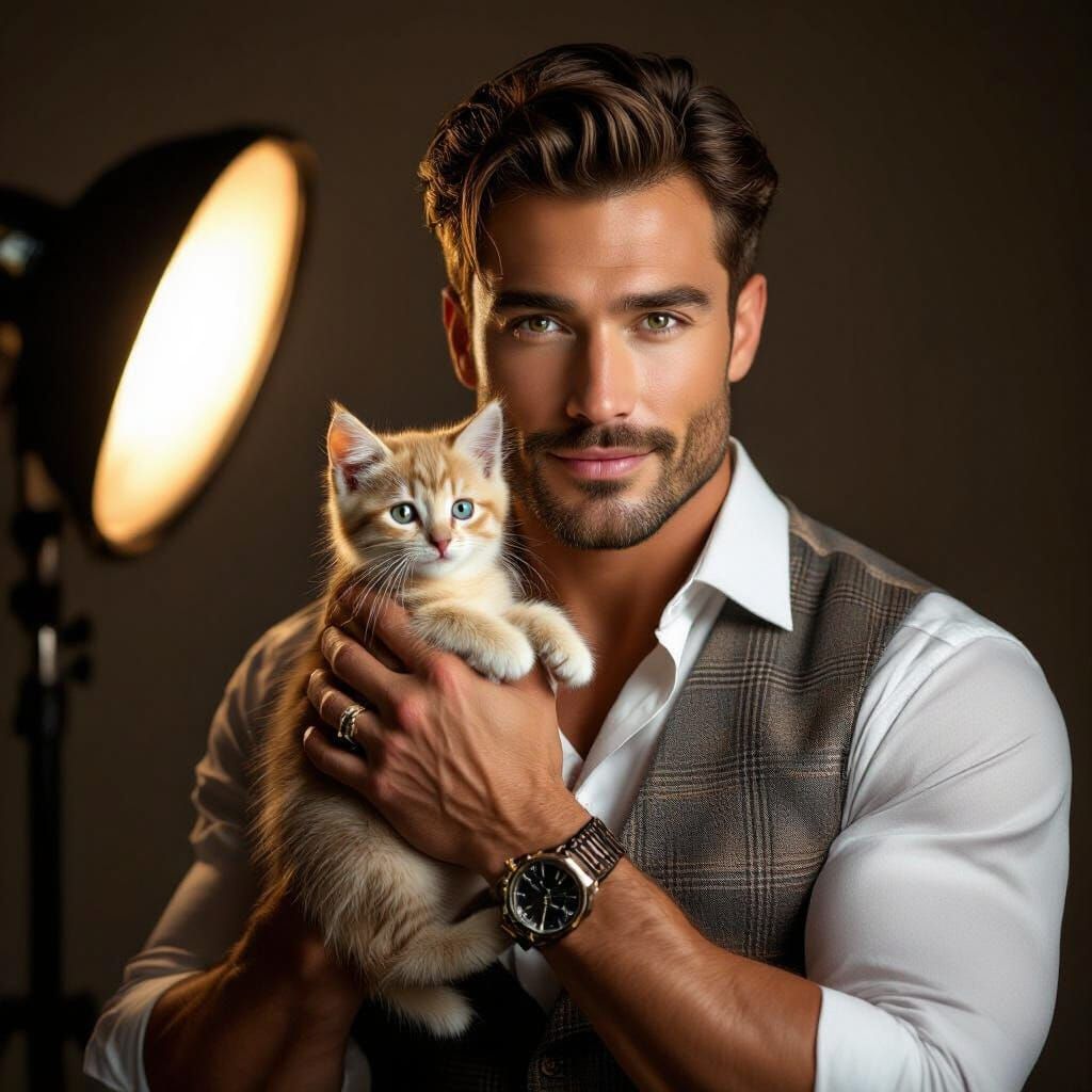 Muscular Man with Kitten, Vogue-Style Fashion Photo