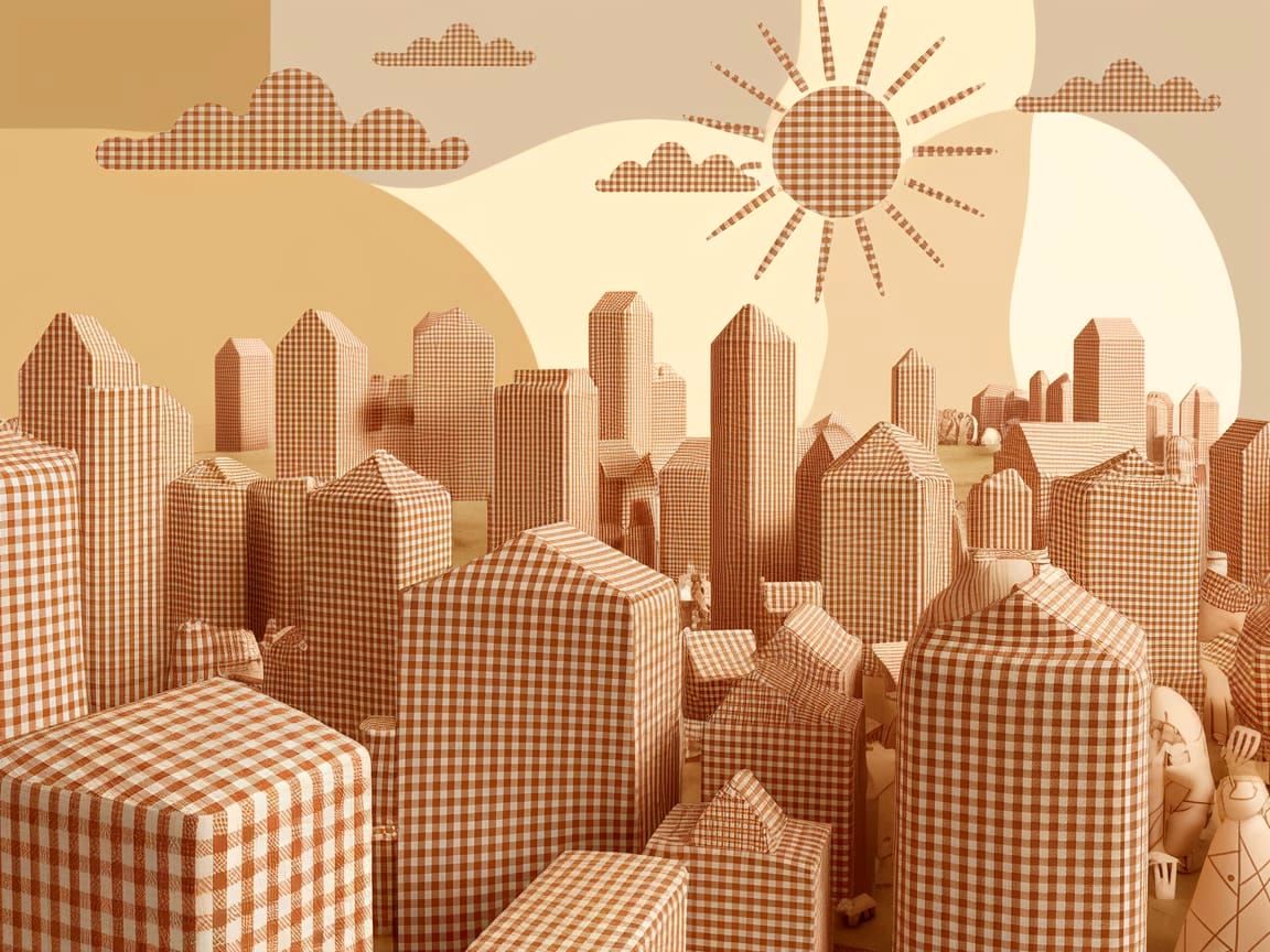 Charming Gingham Cityscape in Whimsical Fabric World
