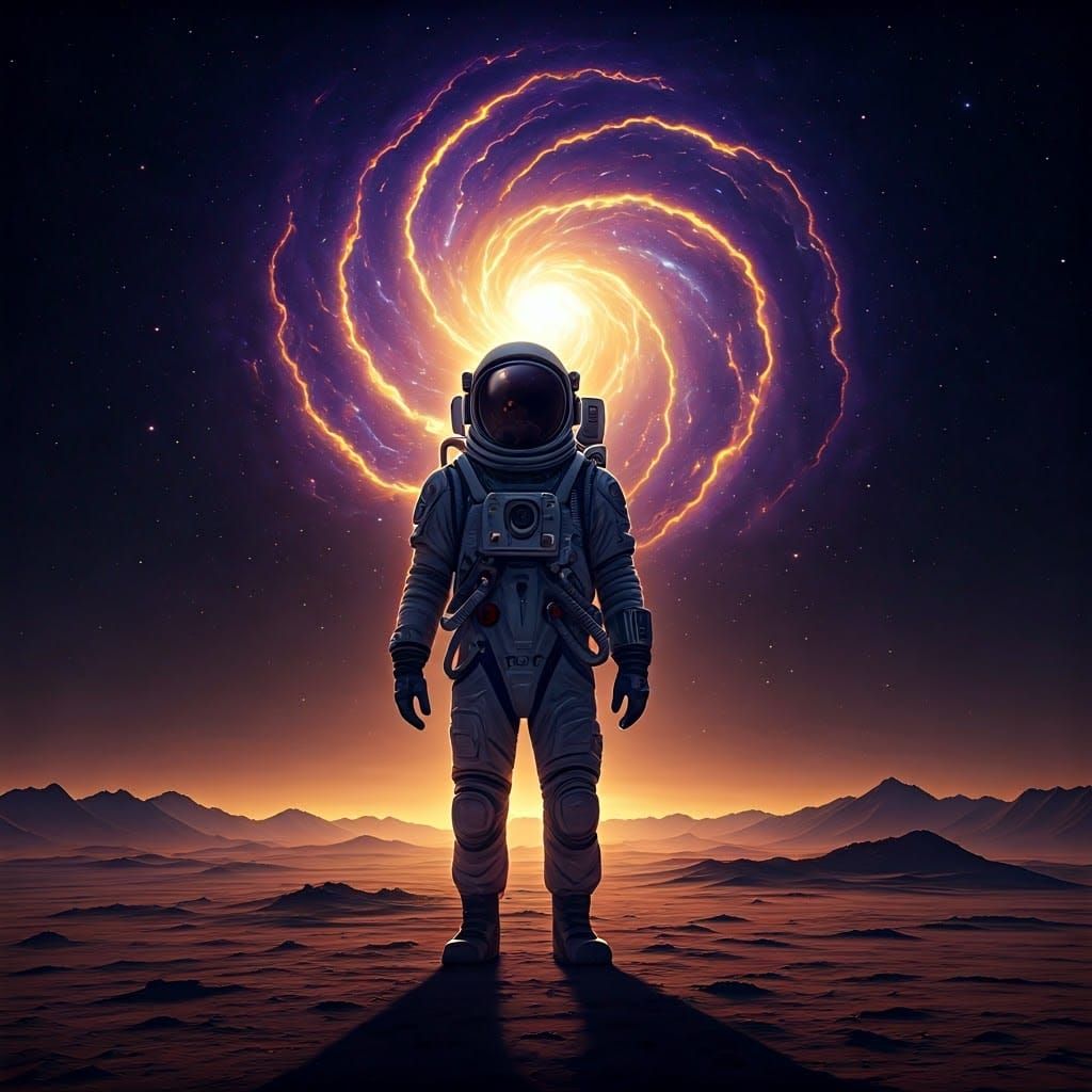 Astronaut on Distant Planet with Nebula Sky