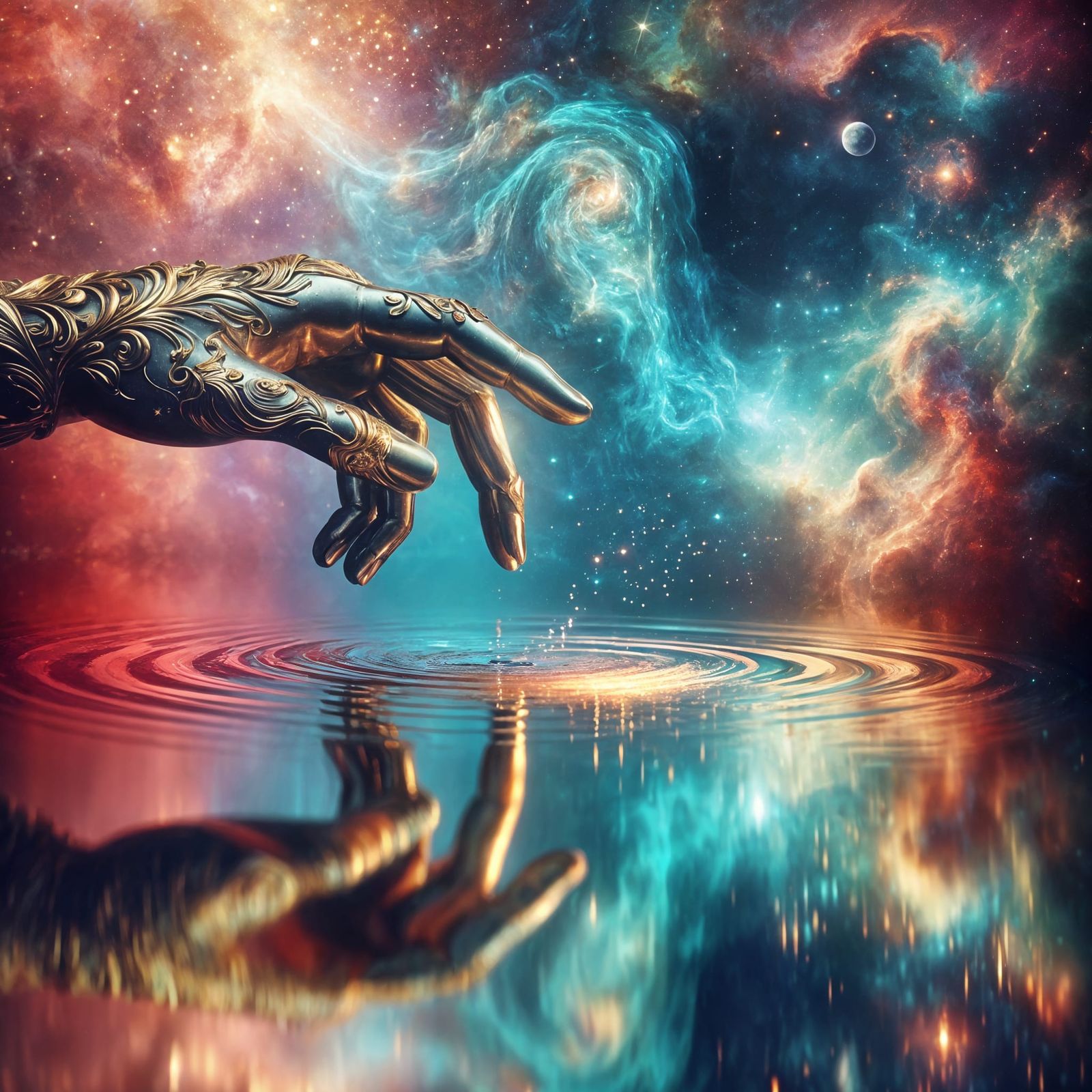 Hand Reaching for Cosmic Reflection