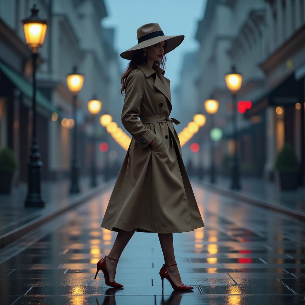 Elegant Lady Walking in Rain: Mucha Meets Wong Kar-Wai Style