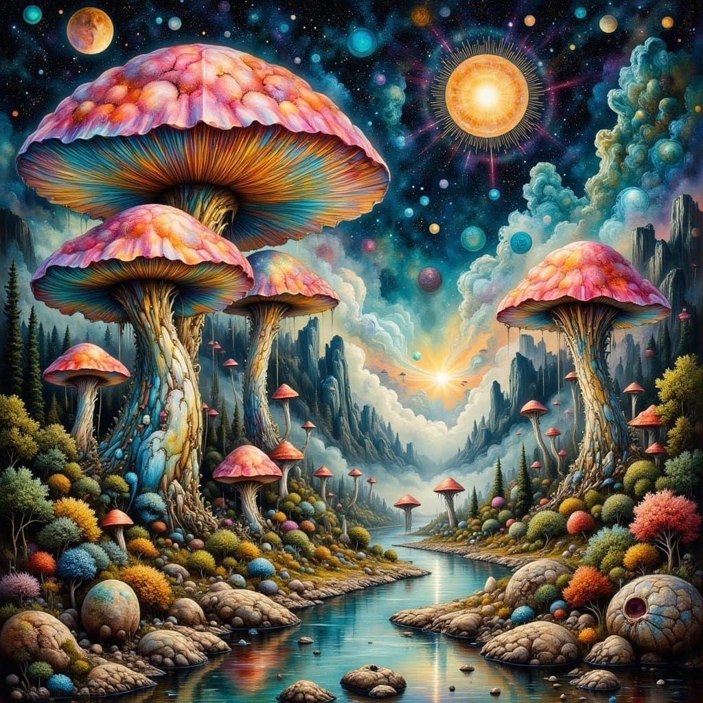 Surreal Landscape with Bioluminescent Mushrooms