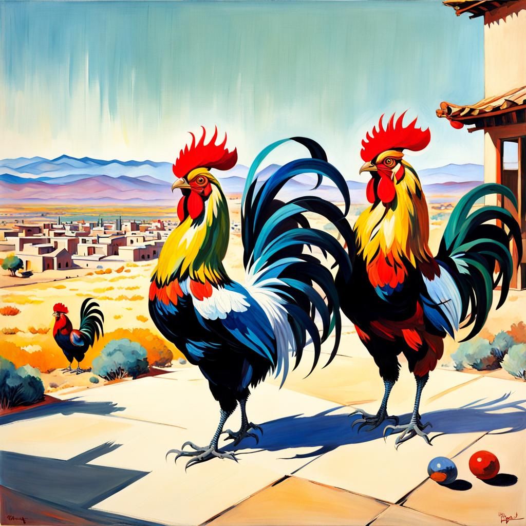 Colorful Roosters Duel in Santa Fe: Oil Painting