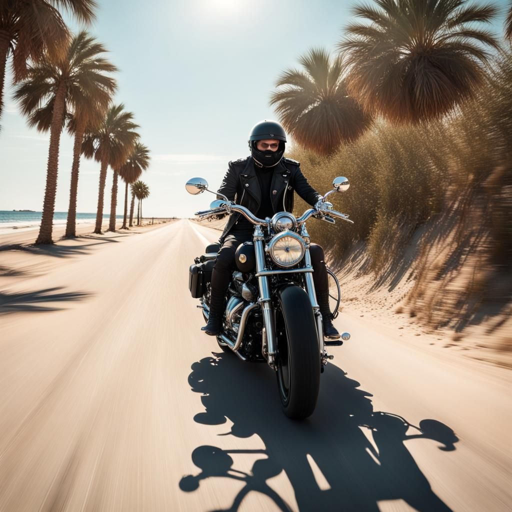 Motorcyclist on Coastal Highway with Steampunk Engine