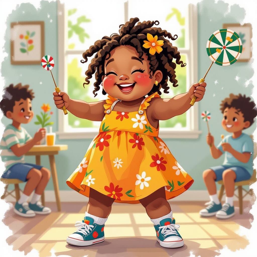 Girl in Orange Dress Playing Darts, Watercolor Style