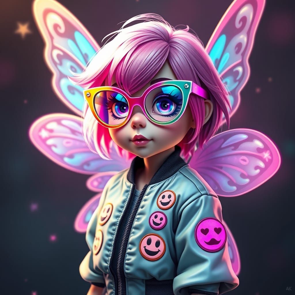 Neon Fairy in Holographic Attire with Shifting Pixel Wings