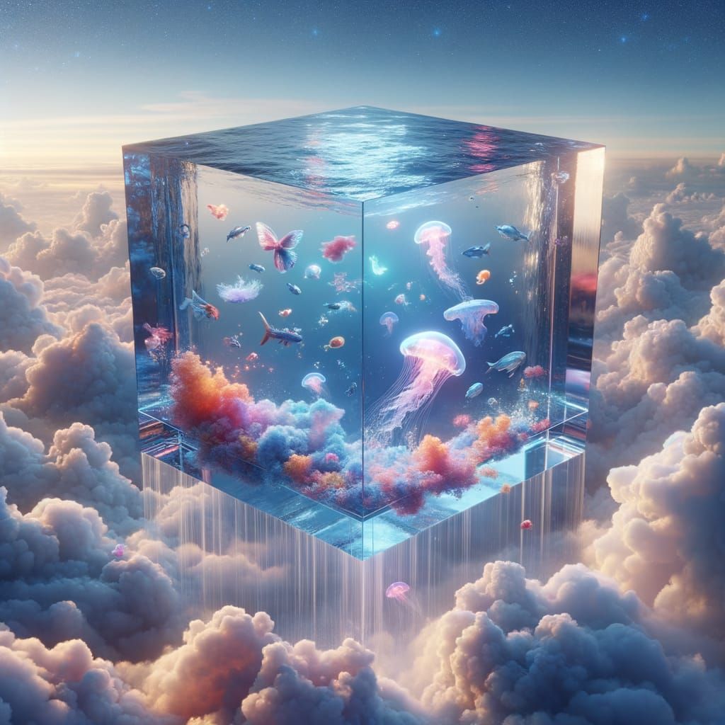Floating Aquarium Cube in a Dreamlike Sky