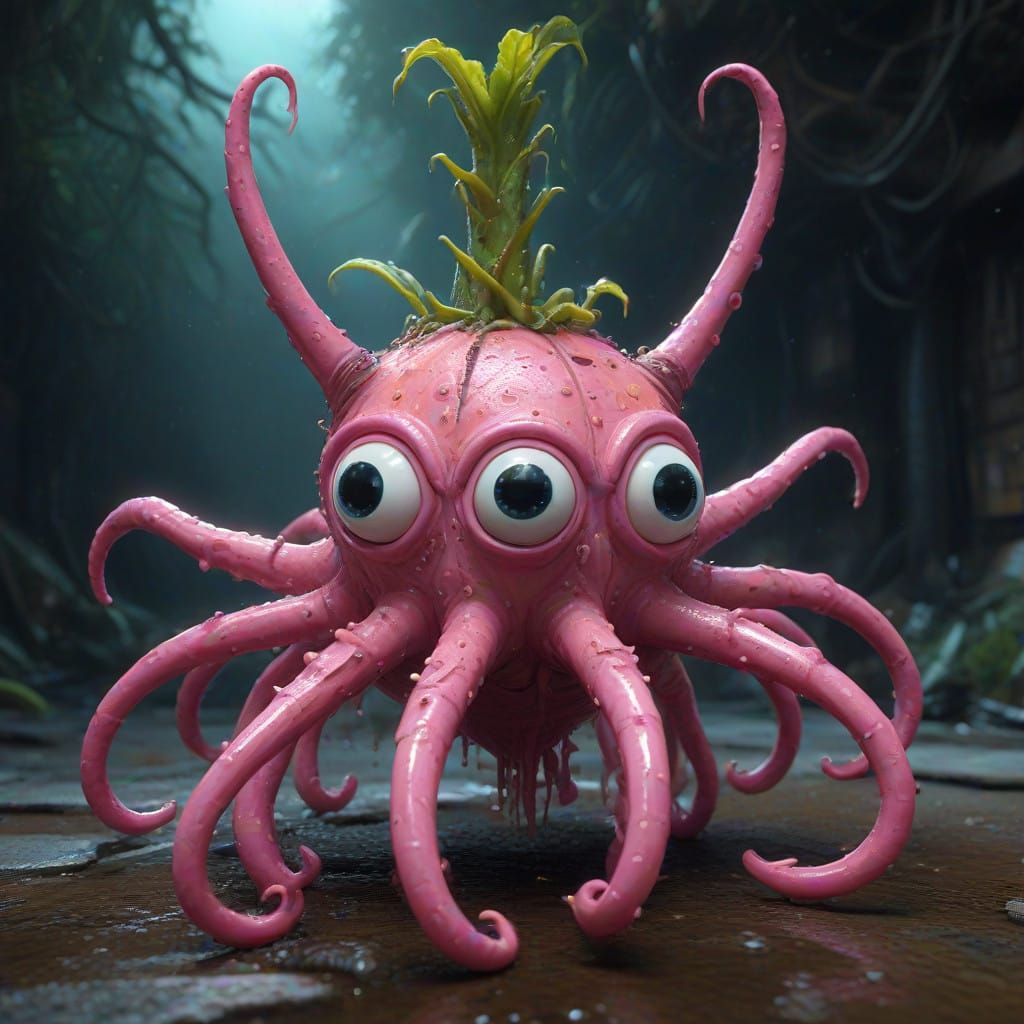 Surreal Plant Alien with Cephalopod Features in Vibrant Colo...