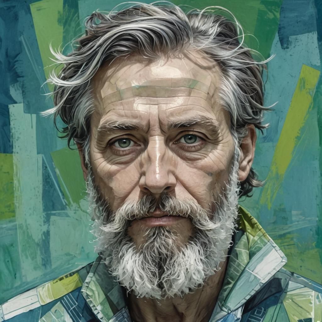 Stylized Geometric Portrait with Beard in Folk Art Style