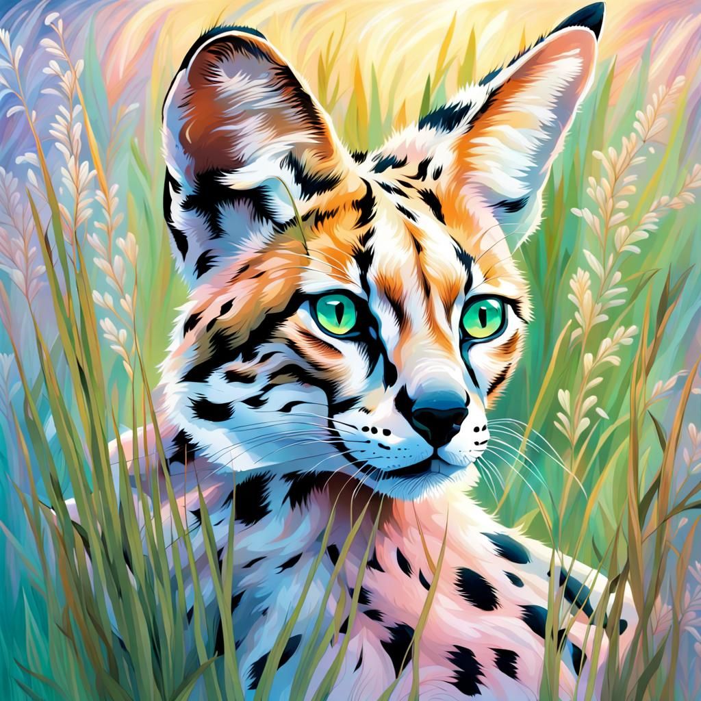 Opalescent Serval in Tall Grass