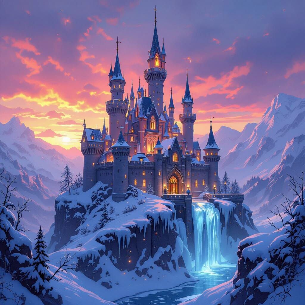 Fantasy Castle on Snowy Cliff at Twilight