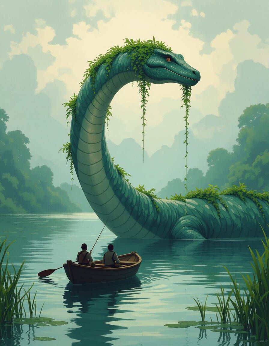 Majestic Plesiosaur Emerges from Misty Lake: Art Deco Style
