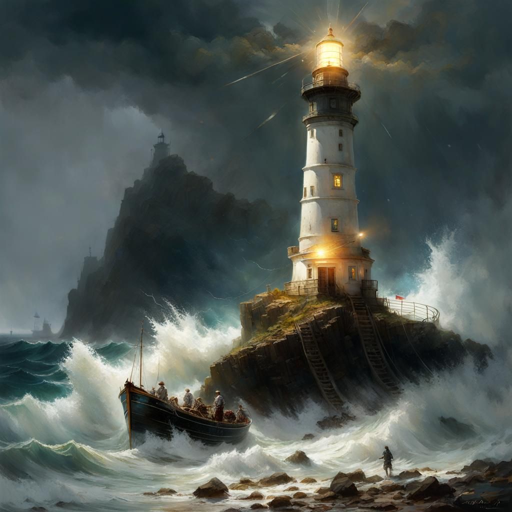 Lighthouse on Stormy Seashore with God Rays
