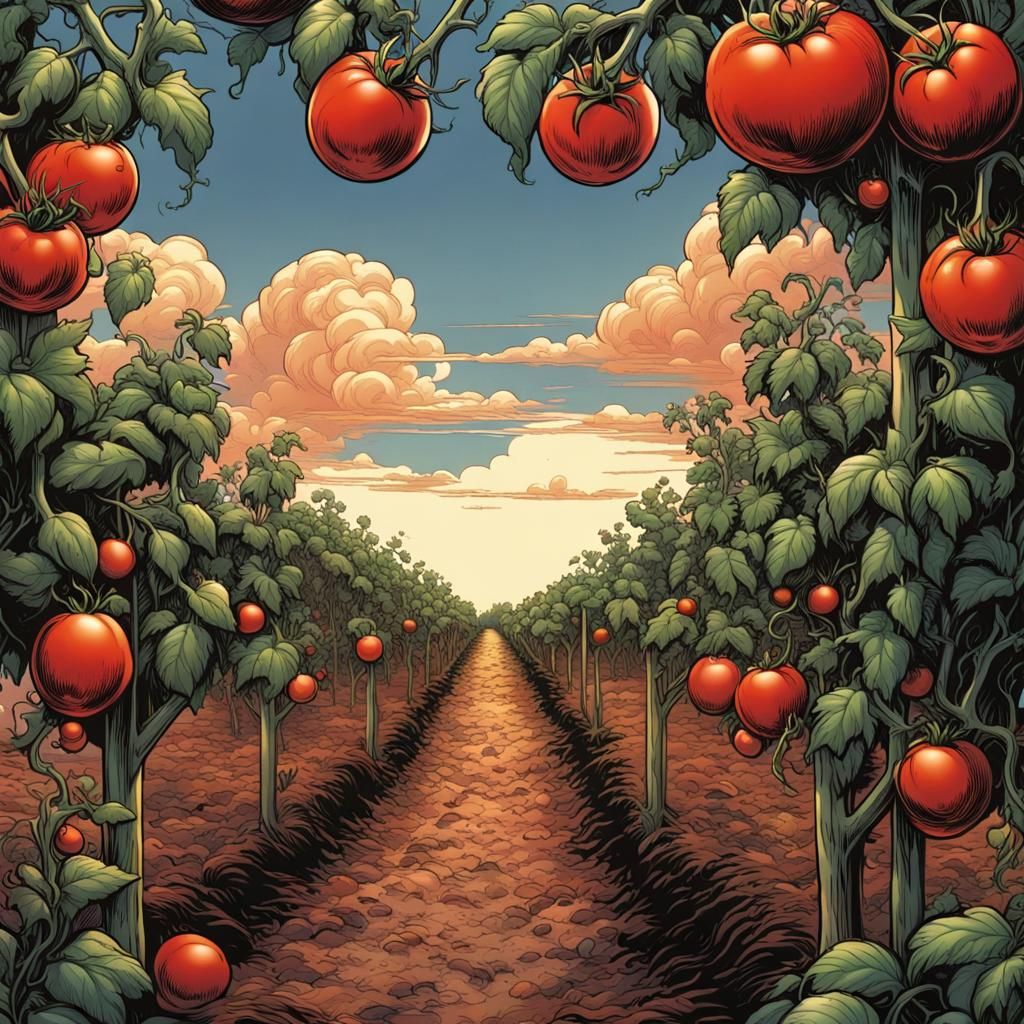 Tomatoes on Vine in Orchard, Comic Book Art