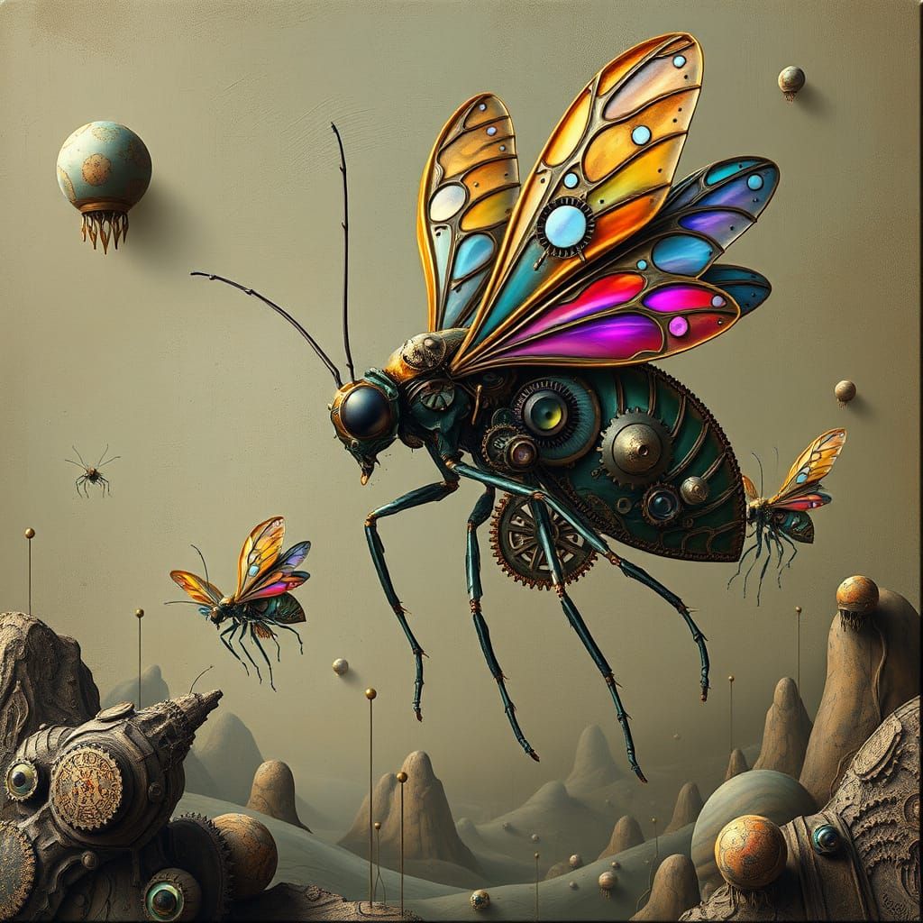 Mechanical Bugs in Dreamscape as Surreal Digital Art