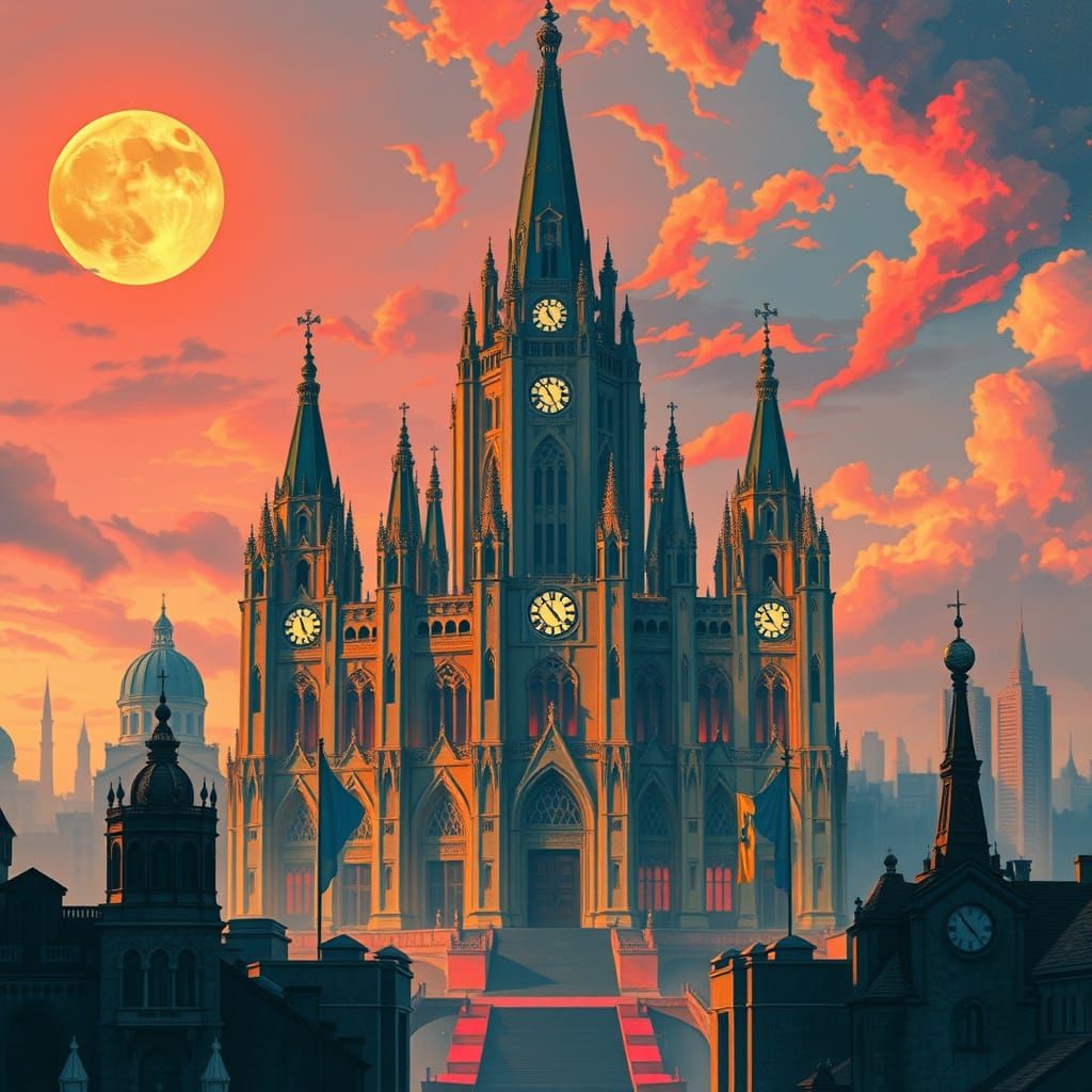 Surreal Cathedral at Dawn: Art Nouveau and Futurist