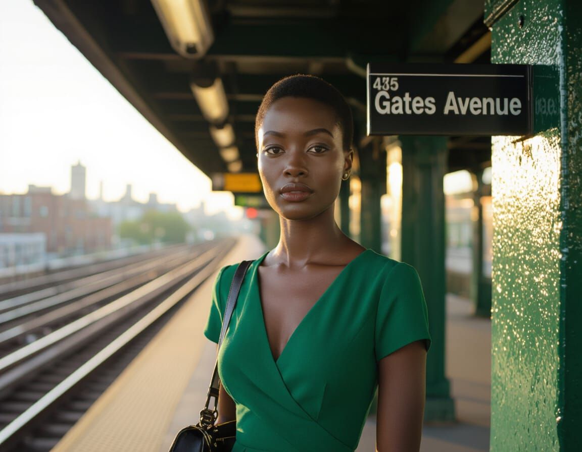 Photo Realistic Woman on Subway Platform in Green Dress