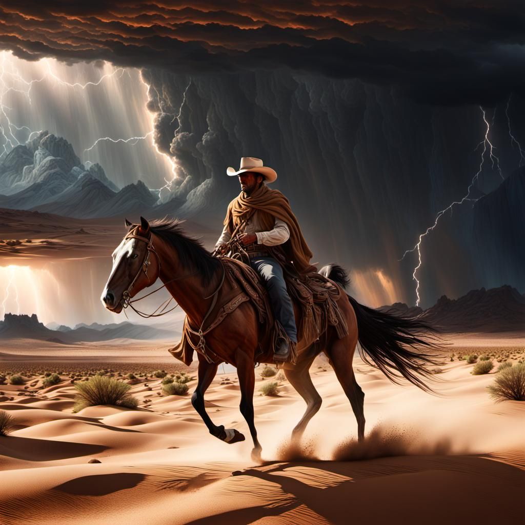 Cowboy Rides Through Desert Storm: Digital Art
