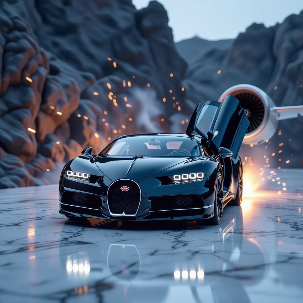 Bugatti Chiron Speeding on Marble with Volcanic Particles