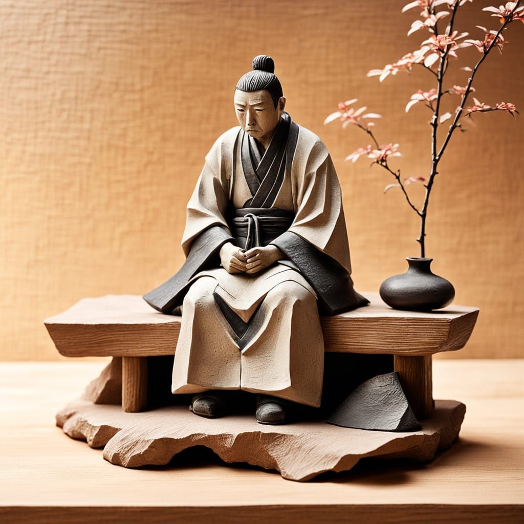 Serene Samurai Figurine in Wabi-Sabi Style