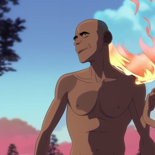 Shirtless Bald Man with Fiery Hands in Anime Style