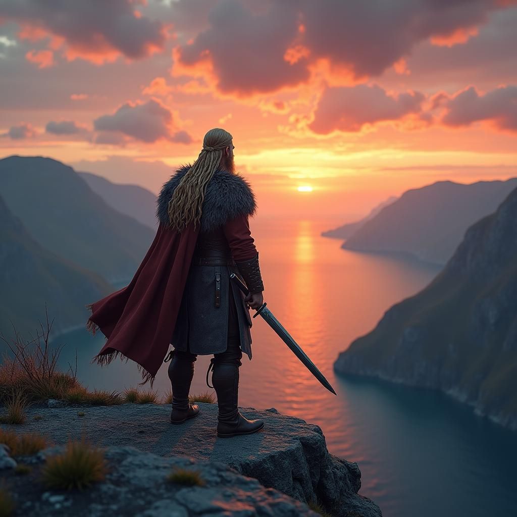 Viking Warrior Gazes at Ocean Sunset