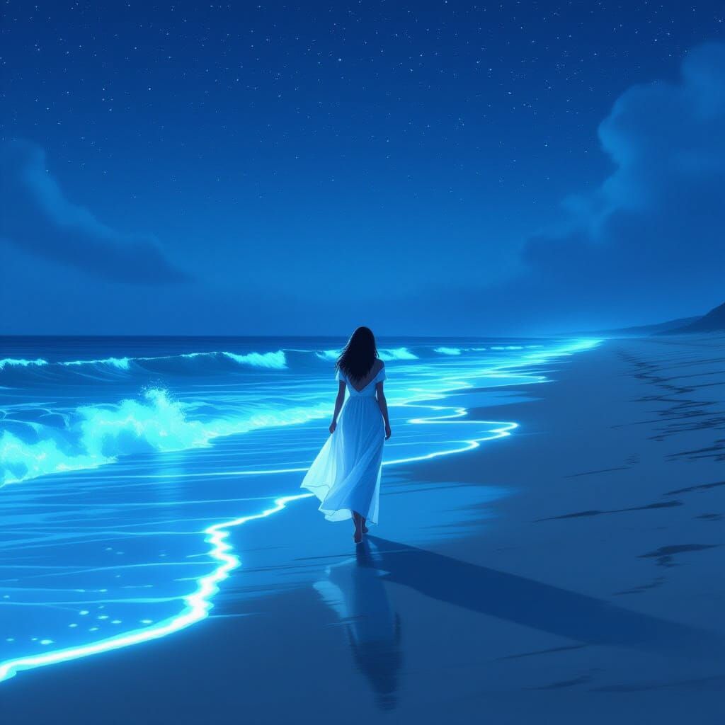 Bioluminescent Beach at Night: Dreamy Digital Art