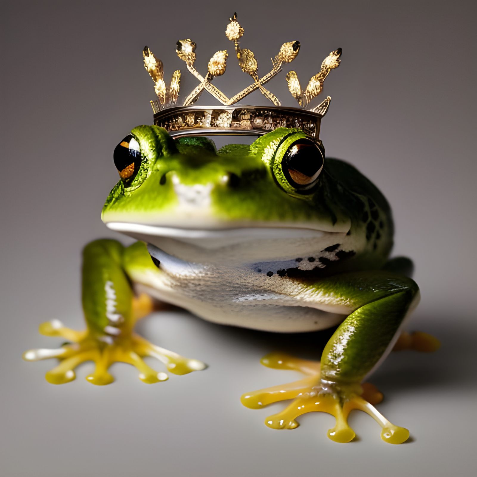 Frog Prince Portrait with Crown in Hyperrealistic Style