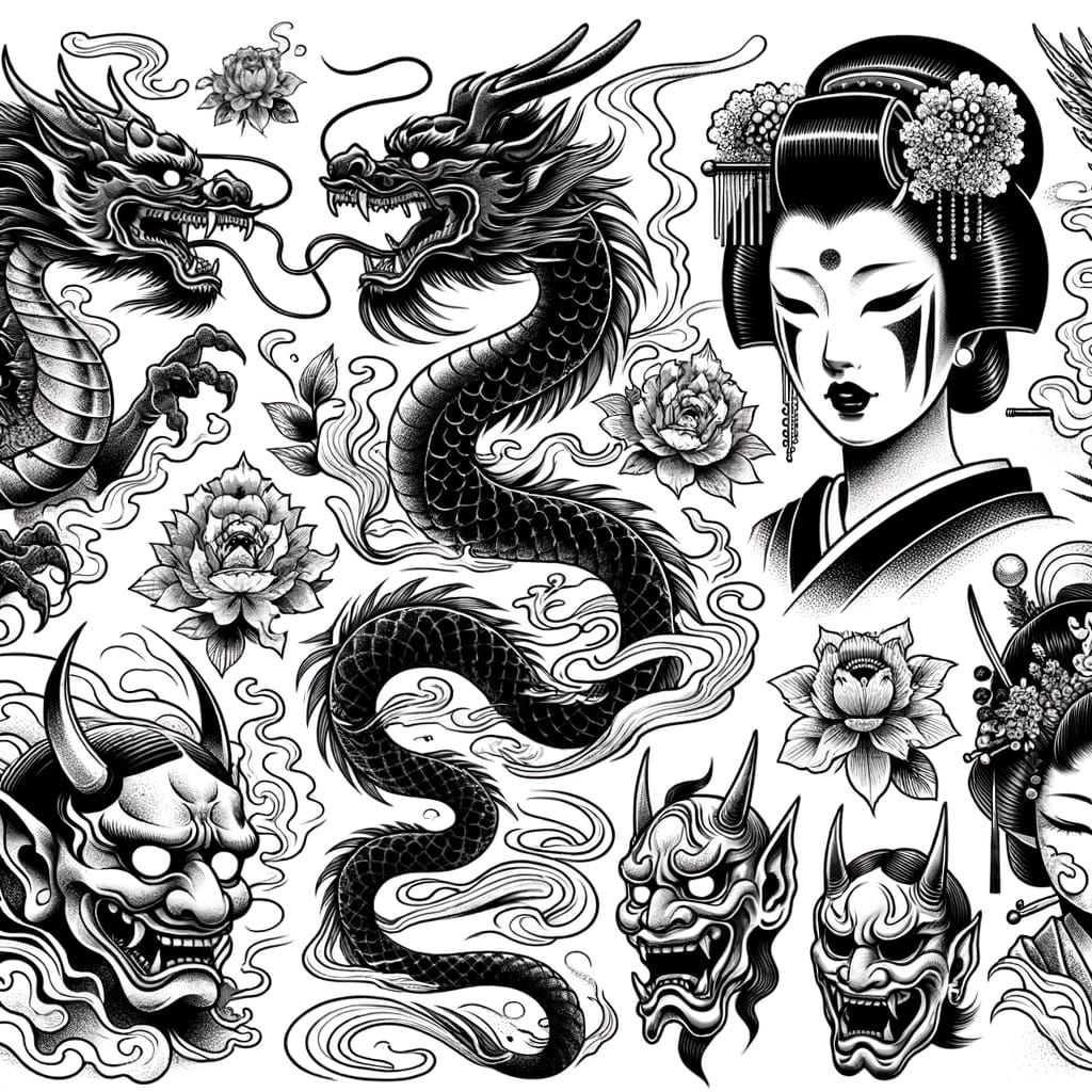 Oriental Flash Tattoo Sheet with Dragons and Geishas