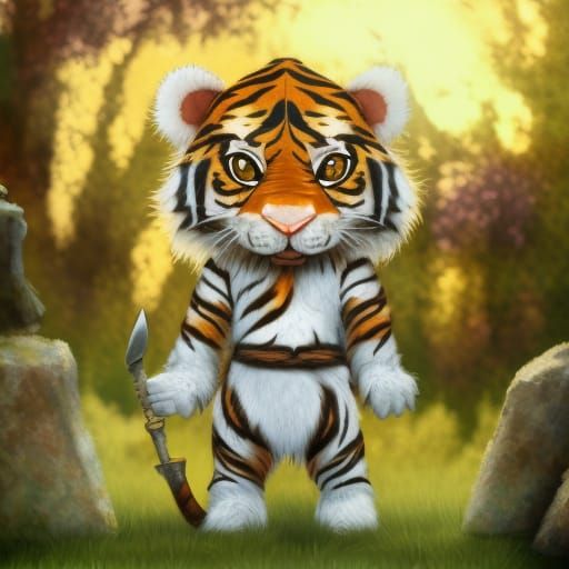 Adorable Chibi Tiger Warrior in Detailed Garden