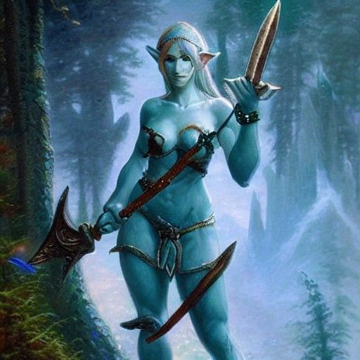 Blue-Skinned Elf Barbarian with Sword in Ethereal Fantasy St...
