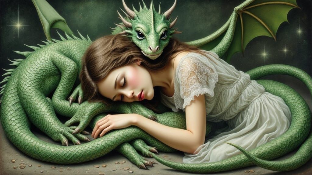 Girl Sleeping with Dragons in Surreal Fantasy Style