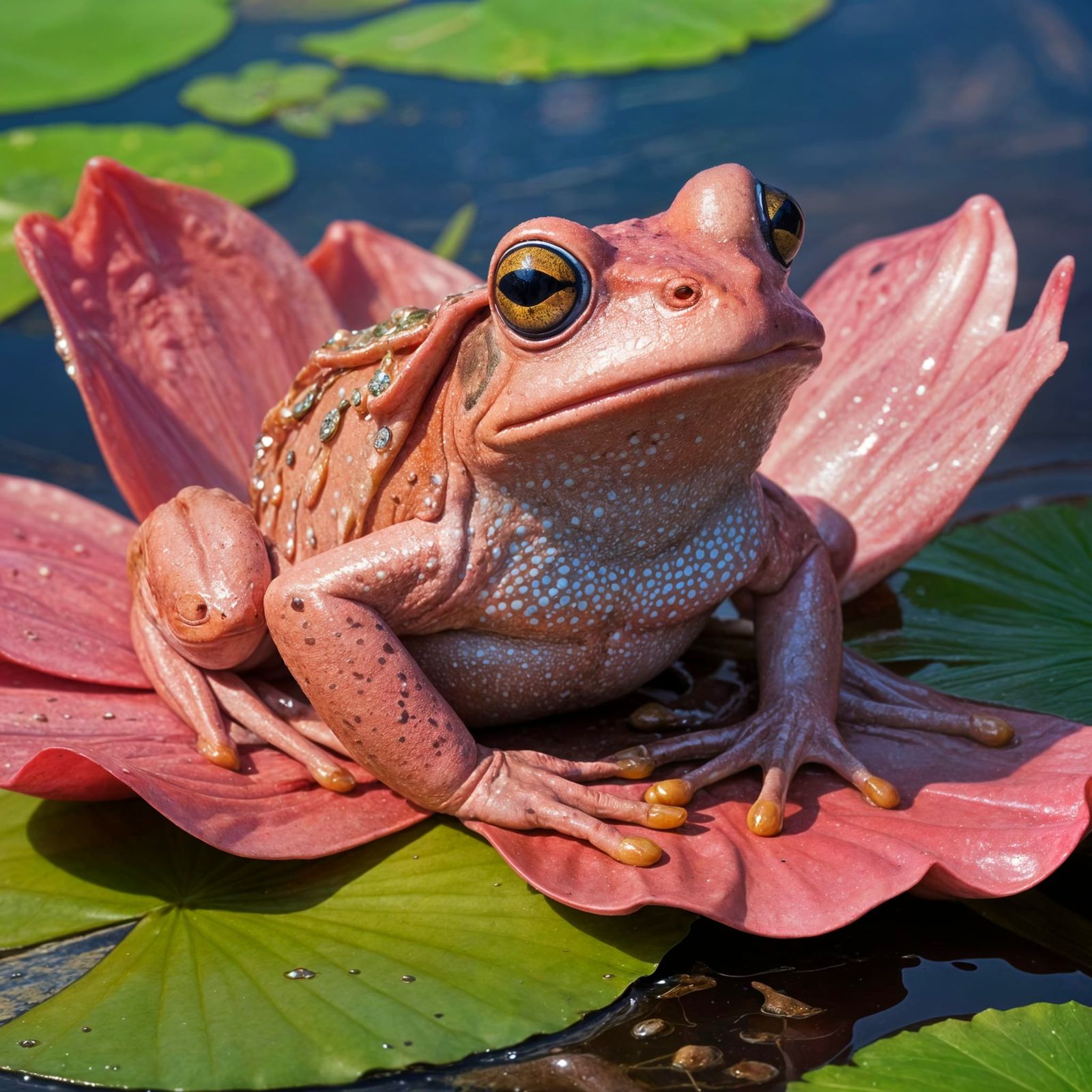 Glamorous Pink Frog on Lily Pad in Glowing Swamp