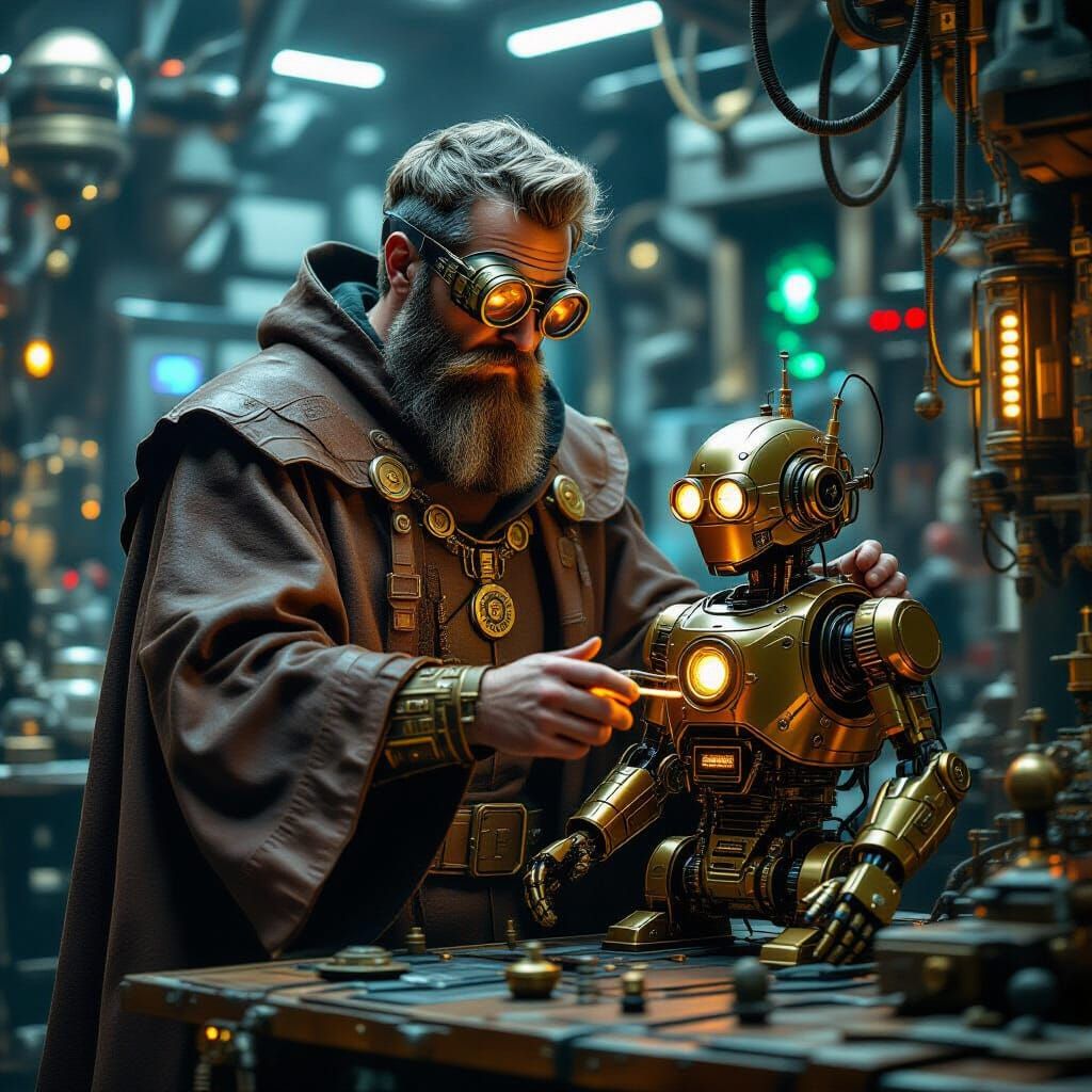 Steampunk Techno-Wizard Constructing Magic Robot