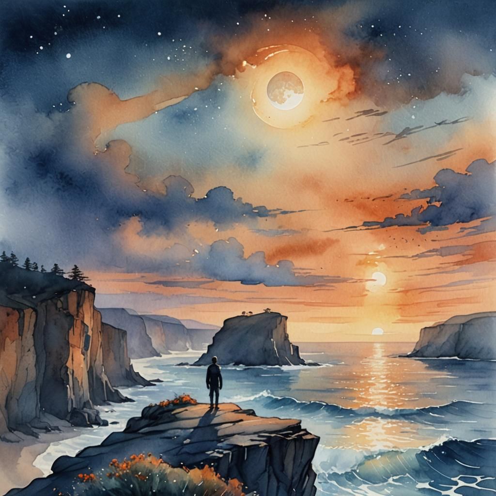 Watercolor Sunset: Fantasy Art Cliffside Vista