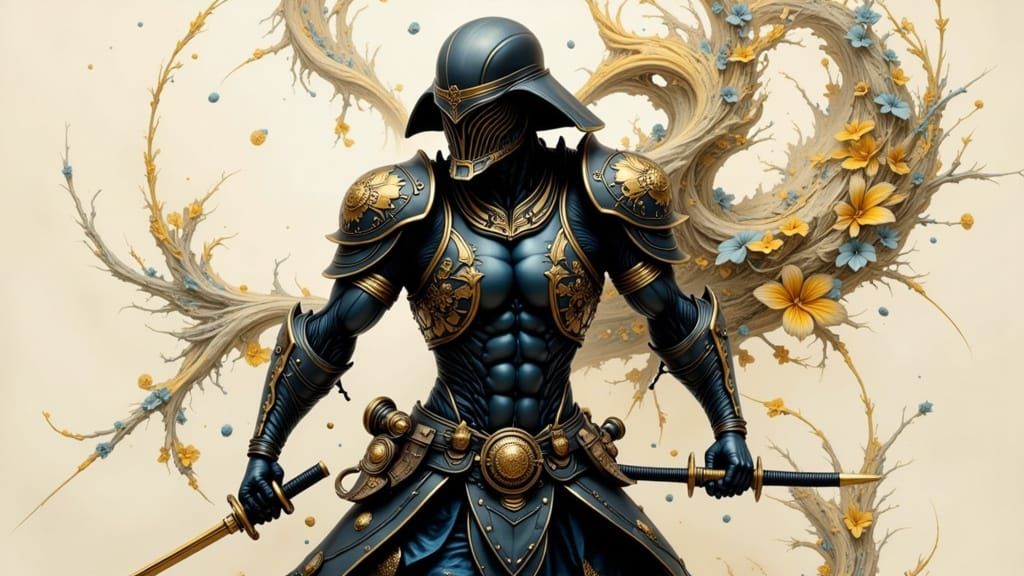 Samurai Warrior in Star Wars Helmet with Gold Floral Armor