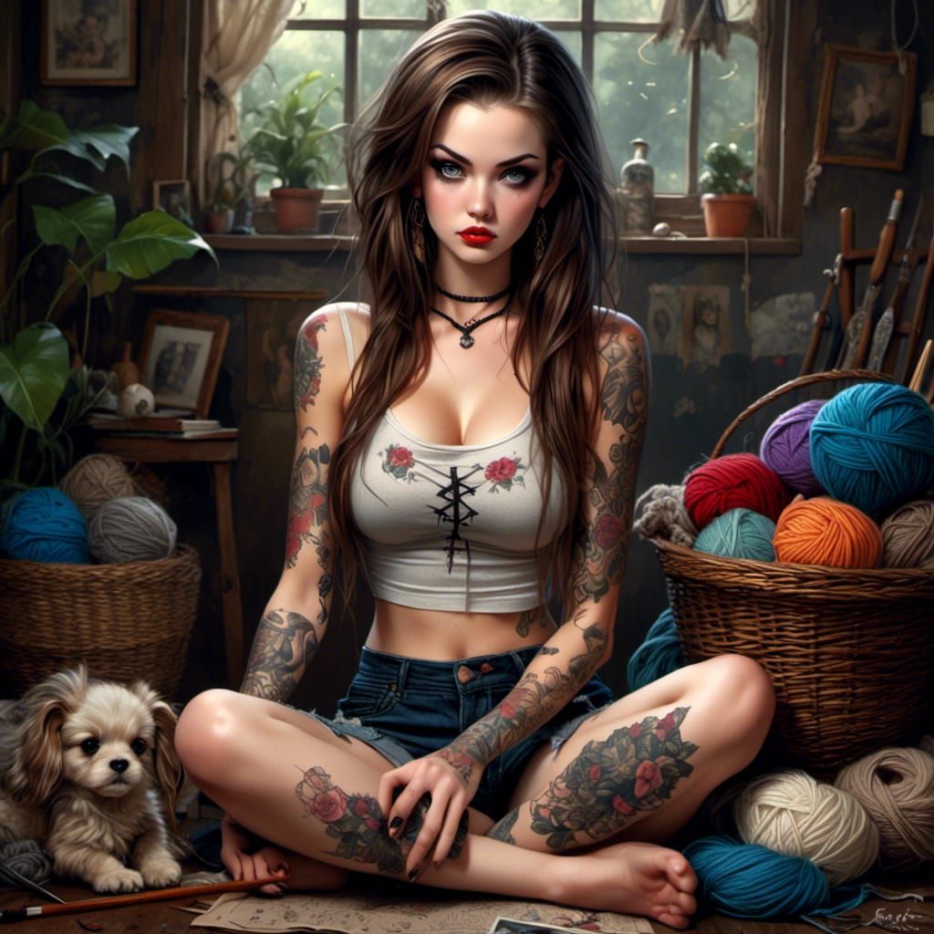Tattooed Woman Knitting, Detailed Digital Art