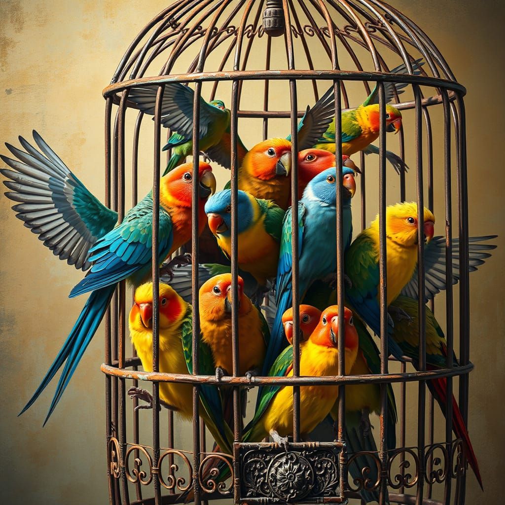 Vibrant Birds Emerge from Antique Birdcage in Dreamlike Scen...