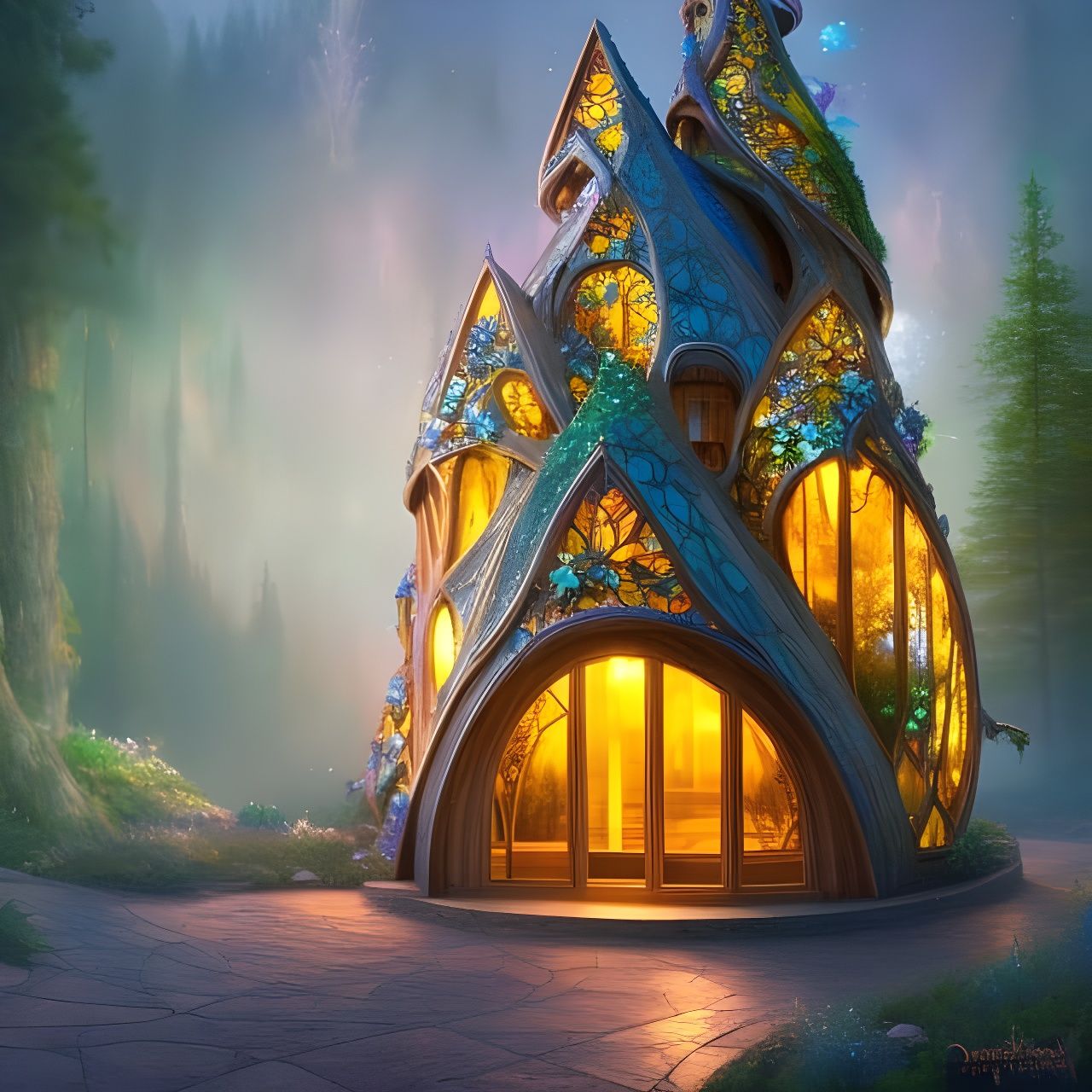 Glowing Fairy House with Art Nouveau Glass Architecture