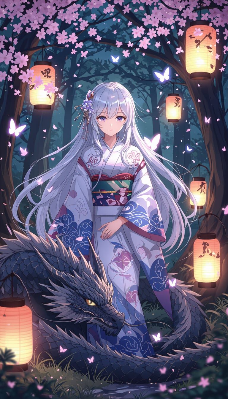 Anime Girl with Dragon in Lantern Grove