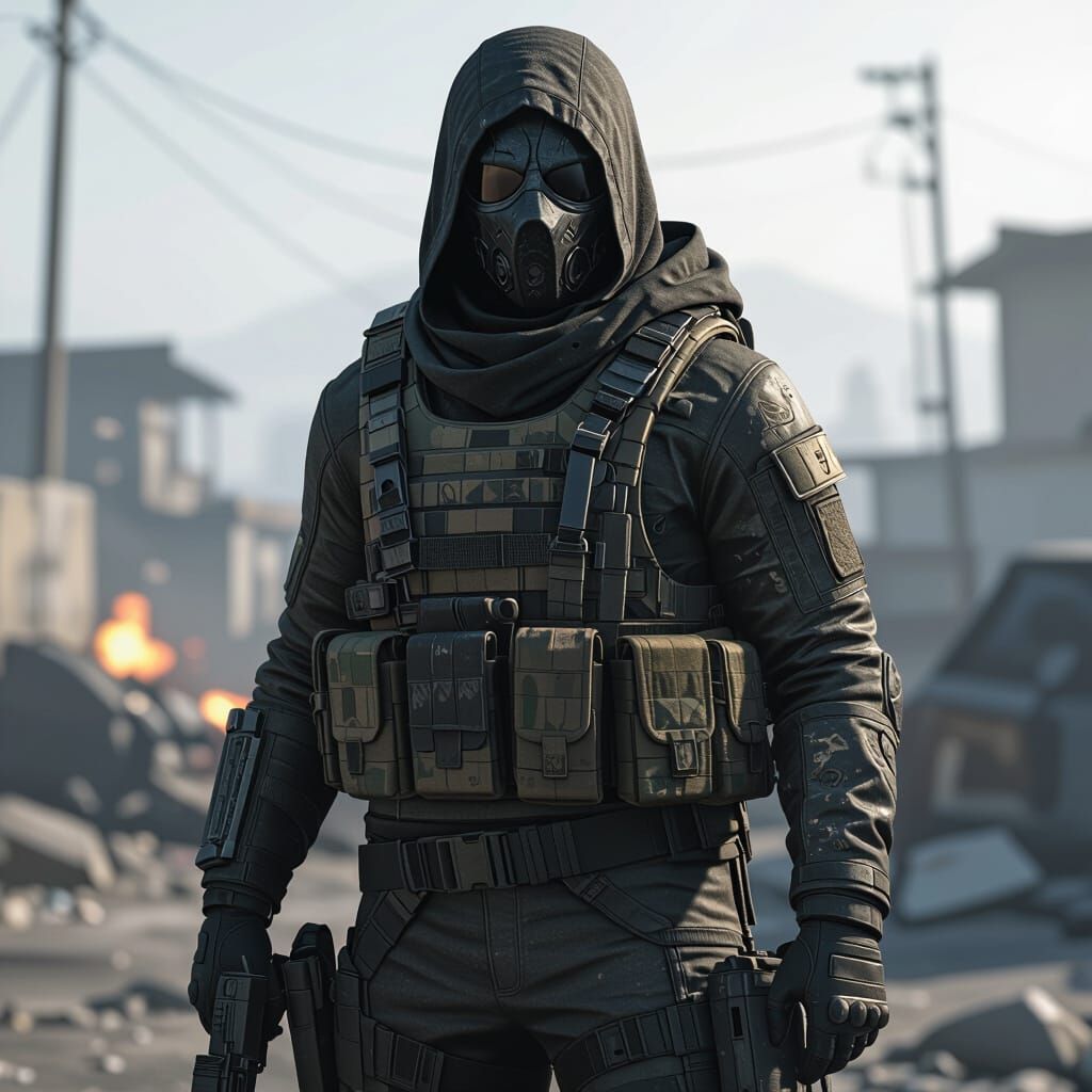 Ghost Character in War-Torn Warzone Scene