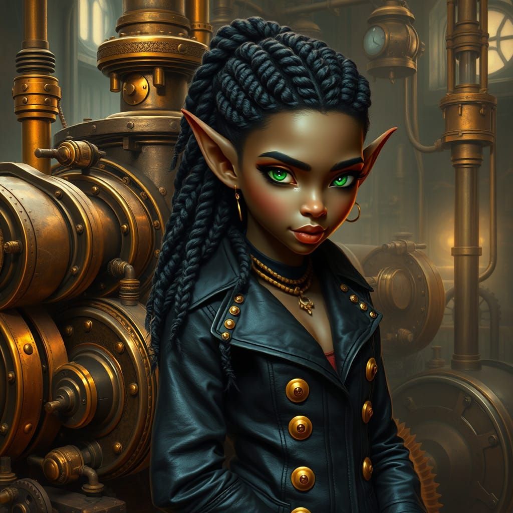 Elven Inventress in Whimsical Steampunk Workshop