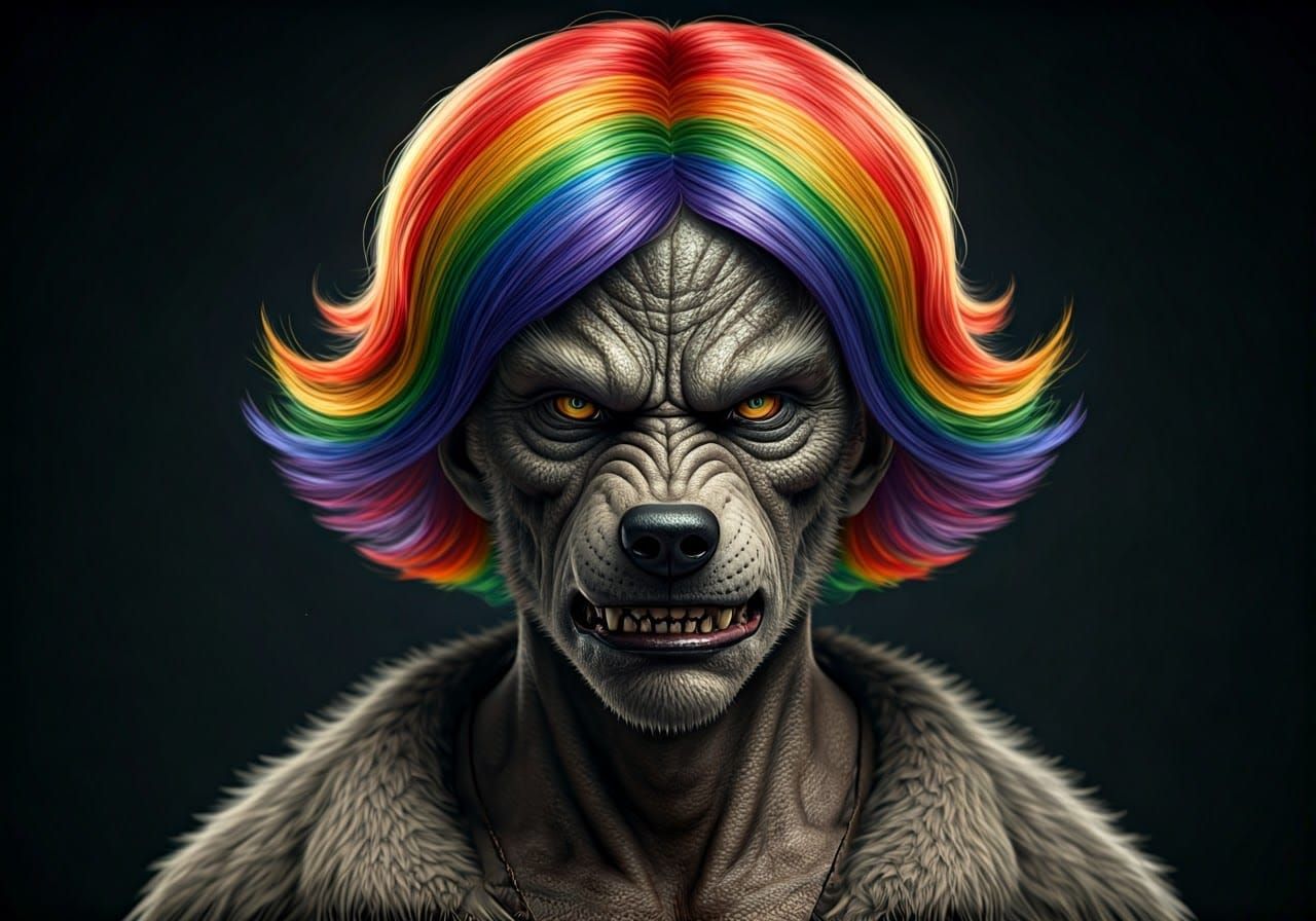 Werewolf with Rainbow Wig: A Humorous Portrait