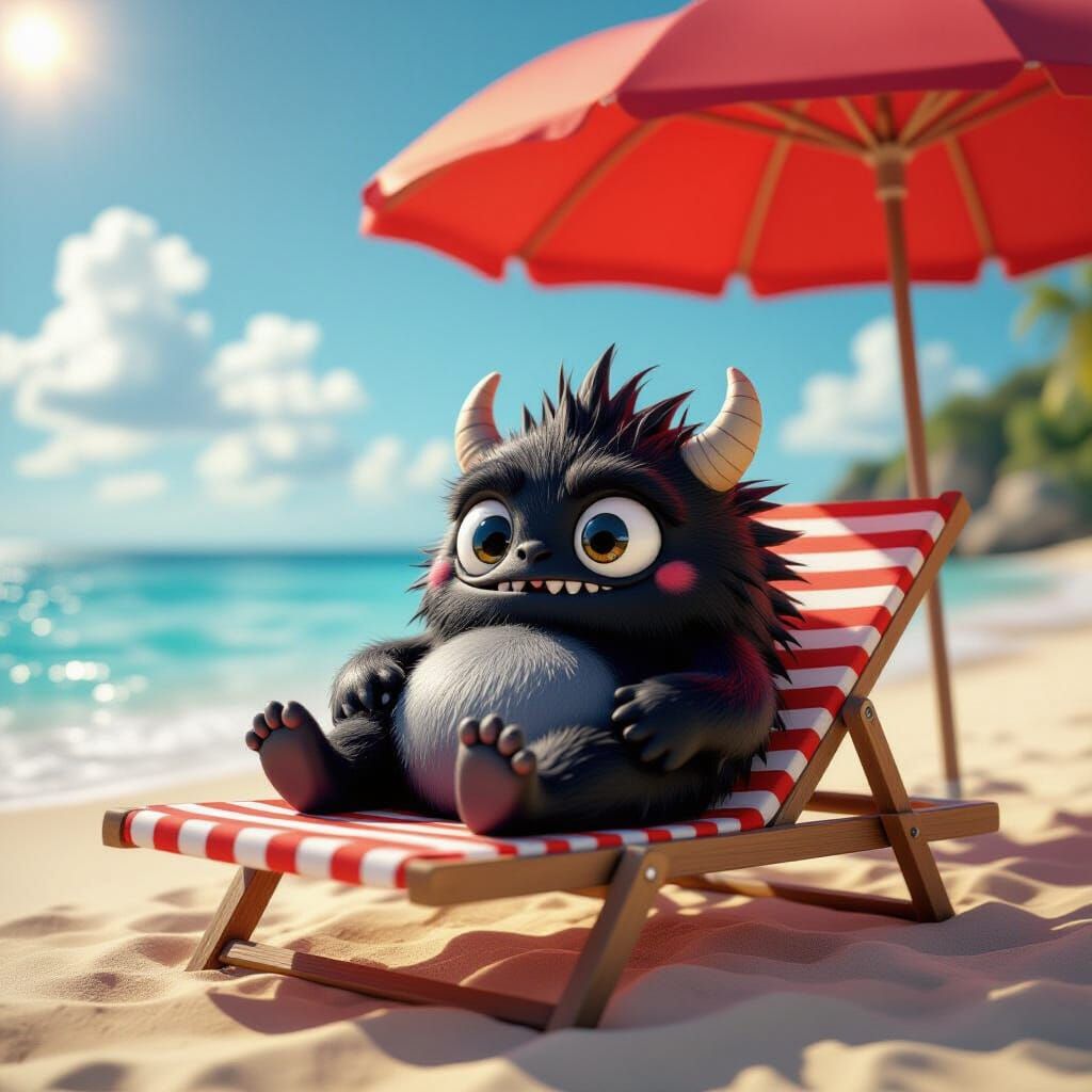 Playful Cartoon Monster Relaxing on Beach - Hyper-Realistic