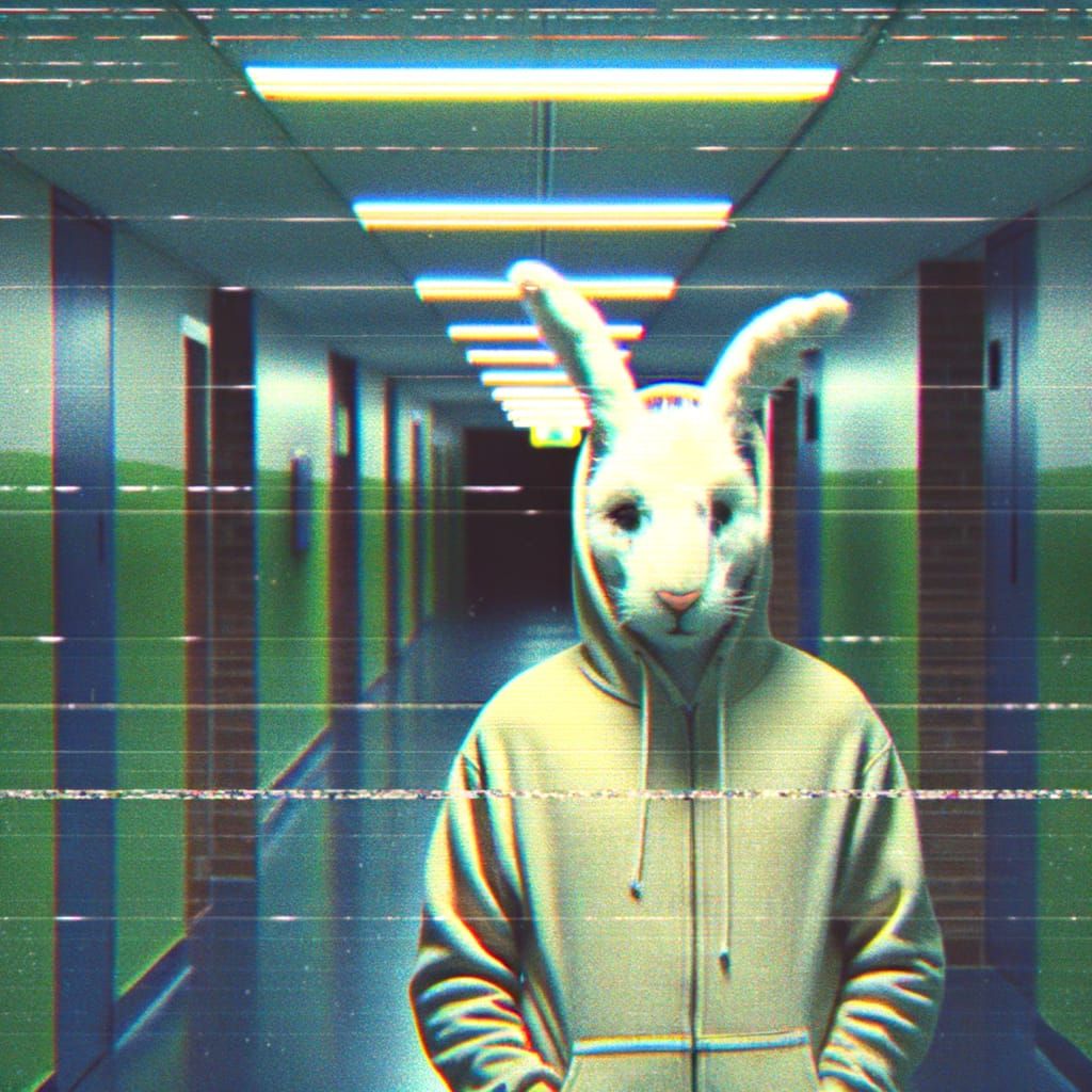 Mysterious VHS-Style Hare in a Dimly Lit Corridor