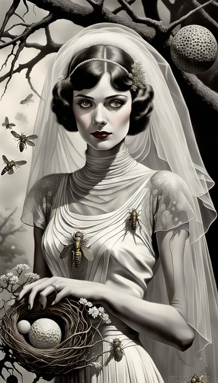 1920s Bride Portrait with Wasp Nest Bouquet