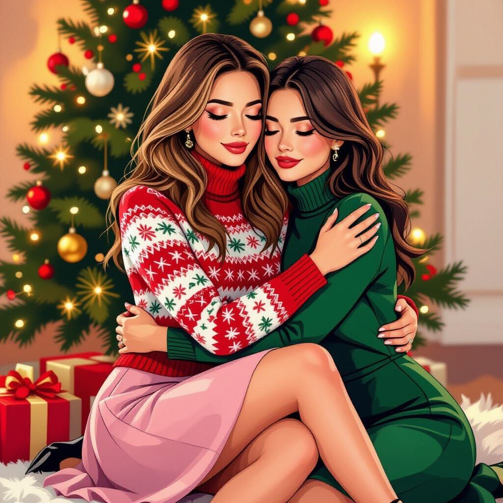 Intimate Christmas Embrace in Illustrative Style