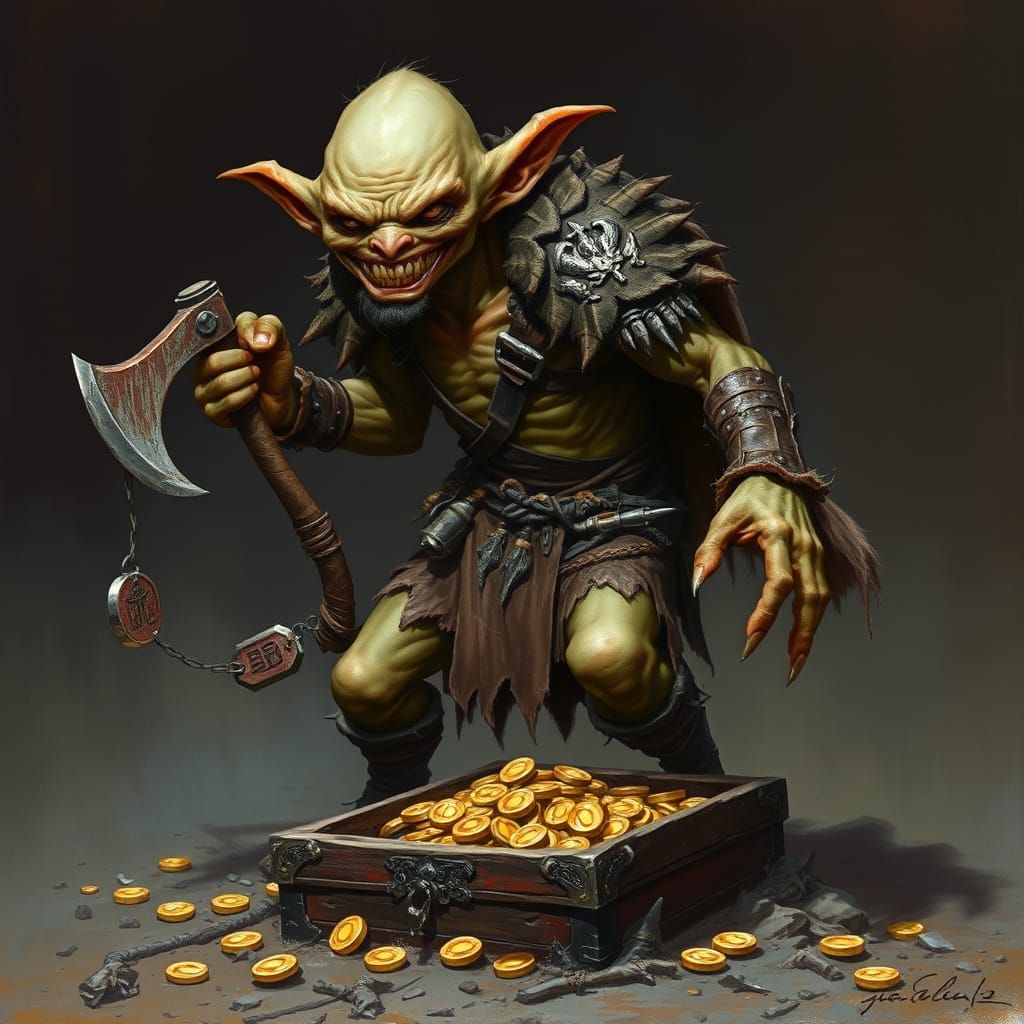 Warrior Goblin Guarding Treasure Chest in Dark Fantasy Style